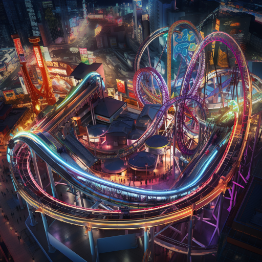 Amidst the neon - lit, bustling atmosphere of a futuristic funfair, an awe - inspiring rollercoaster dominates the skyline, stealing the attention of excited thrill - seekers from far and wide. This marvel of engineering is not just any rollercoaster; its a cutting - edge, robotic rollercoaster, merging advanced technology with adrenaline - pumping entertainment. The rollercoasters track is a gleaming, intertwining maze of sleek, chromium steel beams that twist and turn in seemingly impossible ways. Loops, corkscrews, and hairpin turns combine with sudden drops and steep climbs to create an exhilarating ride like no other. At night, the rollercoasters structure comes alive with pulsating LED lights that follow the path of the coaster cars, leaving a mesmerizing trail of color in their wake. The coaster cars themselves are a sight to behold, crafted in the likeness of robotic creatures. Each car is designed with intricate, biomechanical details, reminiscent of advanced robotic exoskeletons. Glowing, fiber - optic accents illuminate the metallic surfaces, adding an air of otherworldliness. As passengers board the coaster, they are securely fastened into place by robotic arms that gently, yet firmly, embrace them, ensuring their safety throughout the wild ride. As the rollercoaster accelerates, the robotic coaster cars appear to come to life, their movements becoming more fluid and dynamic. They soar through the air, propelled by powerful electromagnetic forces, and navigate the complex track with agile, animal - like grace. The entire spectacle is accompanied by an electrifying soundtrack of futuristic synth music that resonates throughout the funfair. As passengers disembark the rollercoaster, they are greeted by a towering, interactive hologram that displays their rides statistics, including top speeds, G - forces, and even a personalized thrill rating. This high - tech rollercoaster is more than just a ride; its an immersive, multisensory experience
