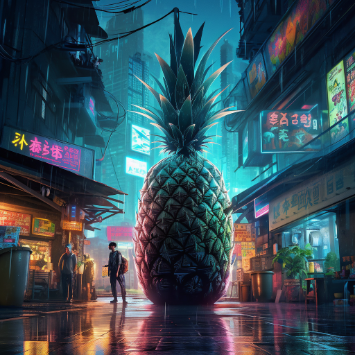 In a sprawling neon - lit cyberpunk city, rain pours down onto the slick streets, reflecting the kaleidoscope of colors from the countless holographic advertisements that tower above. Amidst the bustling crowds of augmented humans and androids, a curious figure stands out - a pineapple, but not just any ordinary pineapple. This unique being is a websurfing armed pineapple, seamlessly blending organic and synthetic components. Its outer shell is an intricate fusion of metallic armor and natural pineapple skin, shimmering with iridescent shades of green, yellow, and chrome. Sharp, crystalline spikes adorn its crown, giving off an otherworldly glow that pulses with the beat of the citys energy. The pineapples cybernetic eyes, a pair of glowing, holographic lenses, constantly scan the digital landscape, accessing information from the metaverse and communicating with other sentient beings. A virtual reality visor occasionally flickers into existence, hovering above the pineapple as it dives deeper into cyberspace. In addition to its digital prowess, the pineapple is equipped with a multitude of advanced weaponry. Concealed within its armored exterior, a sleek, retractable arsenal emerges when needed. Futuristic firearms, plasma blades, and even a rocket - propelled grenade launcher are all part of the pineapples formidable arsenal. As the armed pineapple makes its way through the city, it leaves a trail of sparking data streams and holographic emblems in its wake, a testament to its prowess as a skilled websurfer and defender of the digital realm. This enigmatic figure has become an urban legend, a symbol of resilience and adaptability in a world where technology and nature have become one.
