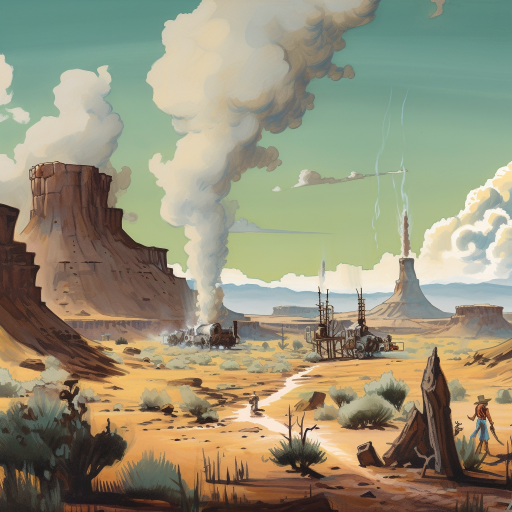 In a sun - drenched, dusty Wild West landscape inspired by the classic Lucky Luke comic series, an unusual scene unfolds. A vast desert stretches out as far as the eye can see, dotted with tumbleweeds, rugged rocks, and the occasional cactus. A towering, once - dormant volcano looms in the background, spewing a thick plume of smoke and ash into the sky. Suddenly, with a deafening roar, the volcano erupts, sending molten lava cascading down its slopes. Amidst the chaos, a most peculiar sight catches the eye: a cactus, seemingly imbued with life, has sprouted a pair of spindly, root - like legs and is running away from the impending disaster. Its two slender arms, complete with prickly spines, are flailing wildly as it dashes across the desert terrain. Despite its frantic expression, the cactus maintains the distinct, hand - drawn, and slightly exaggerated Lucky Luke style, with bold outlines and vibrant colors. As the cactus sprints away, it dons a weathered cowboy hat that flutters in the hot desert wind. It also sports a bandana around its base, giving it an unmistakable Wild West appearance. The cactus journey is punctuated by the occasional near - miss with a wayward tumbleweed or a sudden, unexpected geyser of lava that shoots up from the ground. In the distance, a cast of quirky, cartoonish characters watches the scene unfold, their faces painted with a mix of shock, amusement, and disbelief. Among them are classic Wild West figures: a gunslinger with a toothpick between his teeth, a grizzled prospector clutching a gold nugget, and a saloon girl fanning herself with a colorful parasol. The entire scene is imbued with a sense of humor and surreal charm that is synonymous with the Lucky Luke style. The cactus daring escape from the erupting volcano becomes a whimsical, action - packed adventure that captures the spirit of the Wild West while pushing the boundaries of imagination.