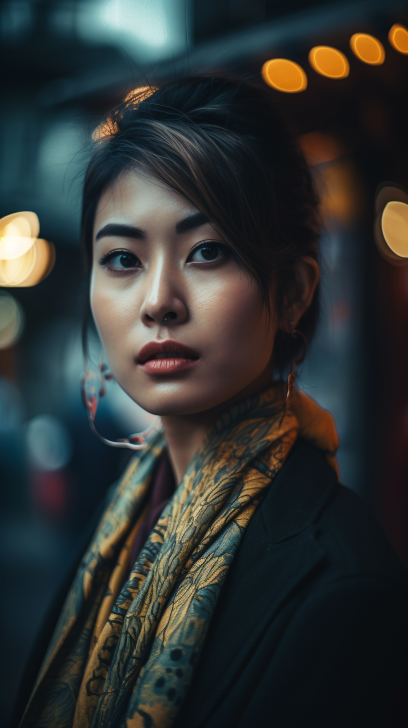 [Midshot portrait] [24 - 28 Years Old asiatic female fashion model] [Angry expression on face] [Environment: day street][type of illumination: dramatic lighting], extremely realistic, 8k, insane details, intricate details, beautifully color graded, Color Grading, Editorial Photography, Photography, Bokeh, taken with a 60mm lens, ISO 300, f/ 4, 1/ 200th